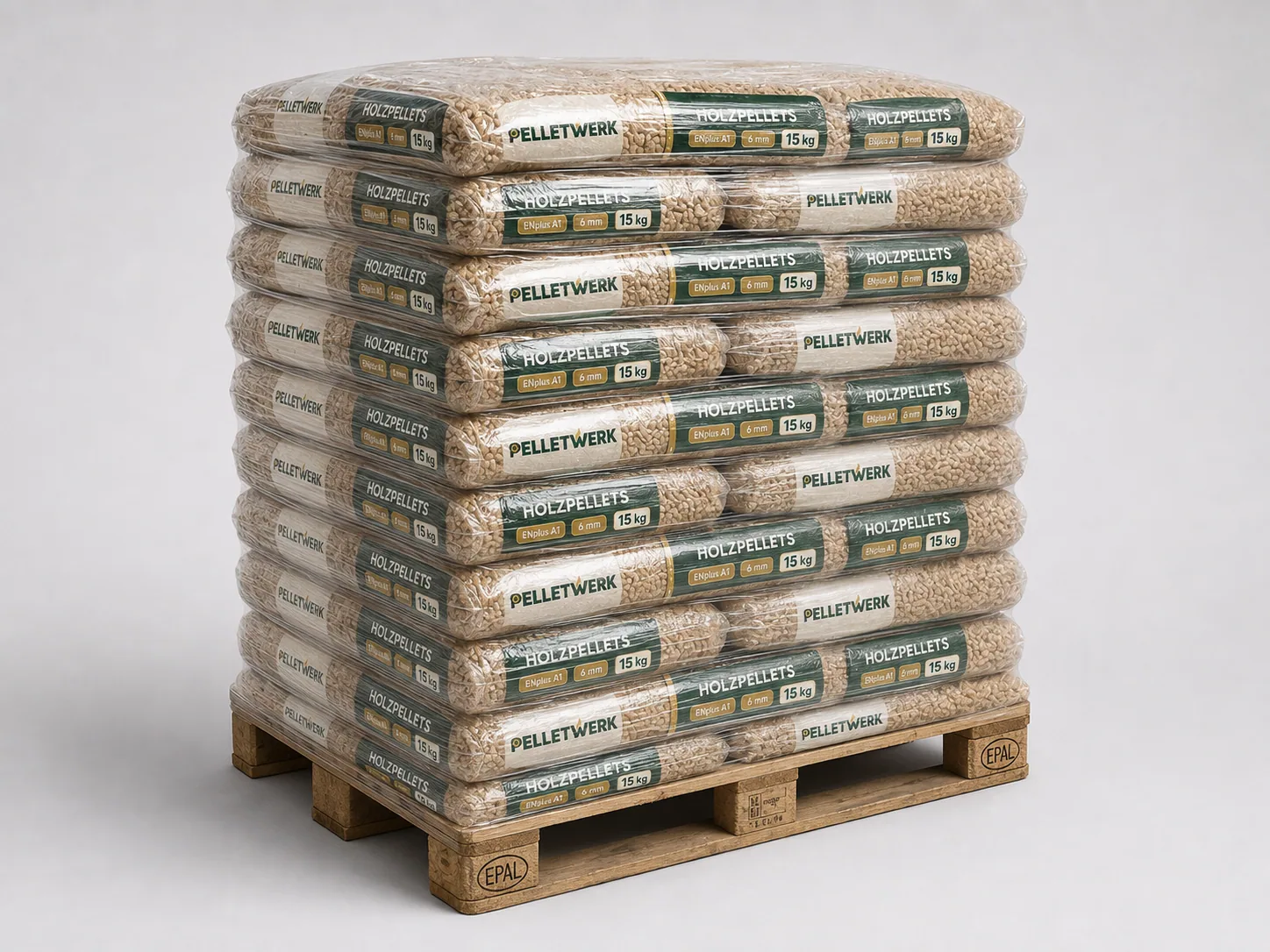 Holzpellets ENplus A1 6 mm · Vorratspalette 990 kg (66 × 15 kg)