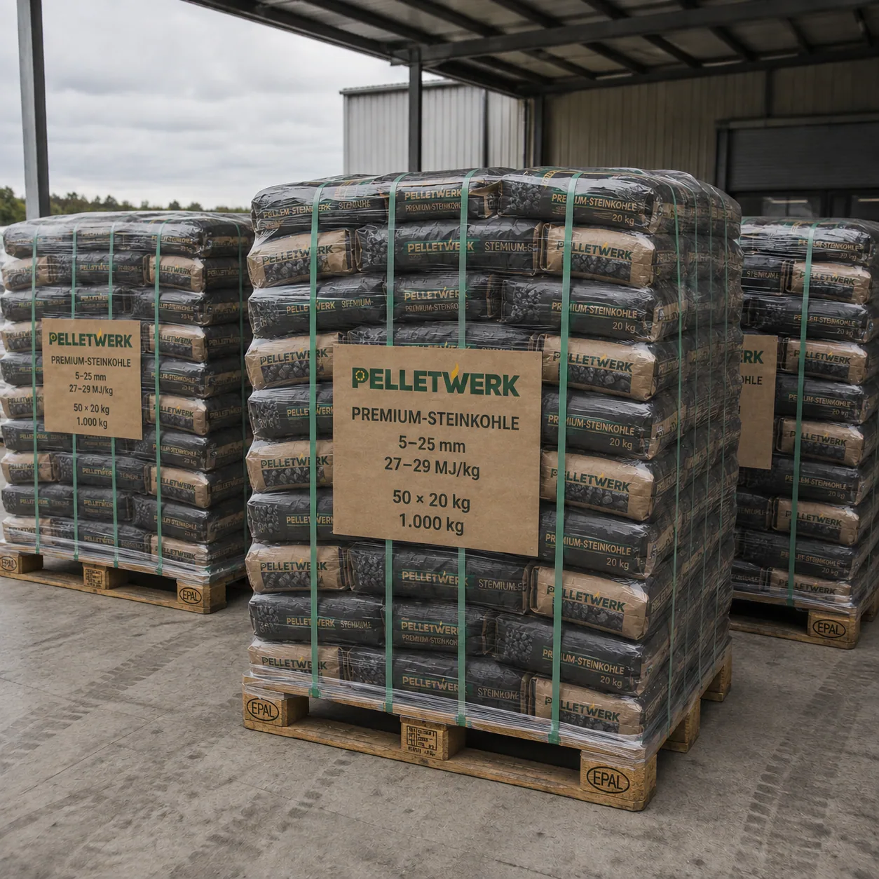 Premium-Steinkohle 5–25 mm, 27–29 MJ/kg · Vorratspalette 1.000 kg (50 × 20 kg)