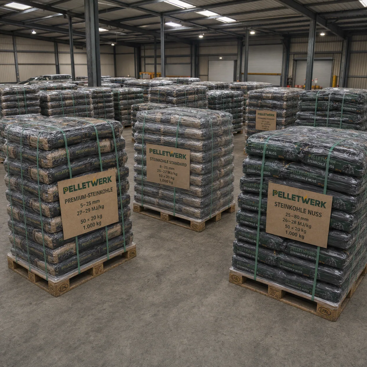 Steinkohle Nuss 25–80 mm, 26–28 MJ/kg · Vorratspalette 1.000 kg (50 × 20 kg)