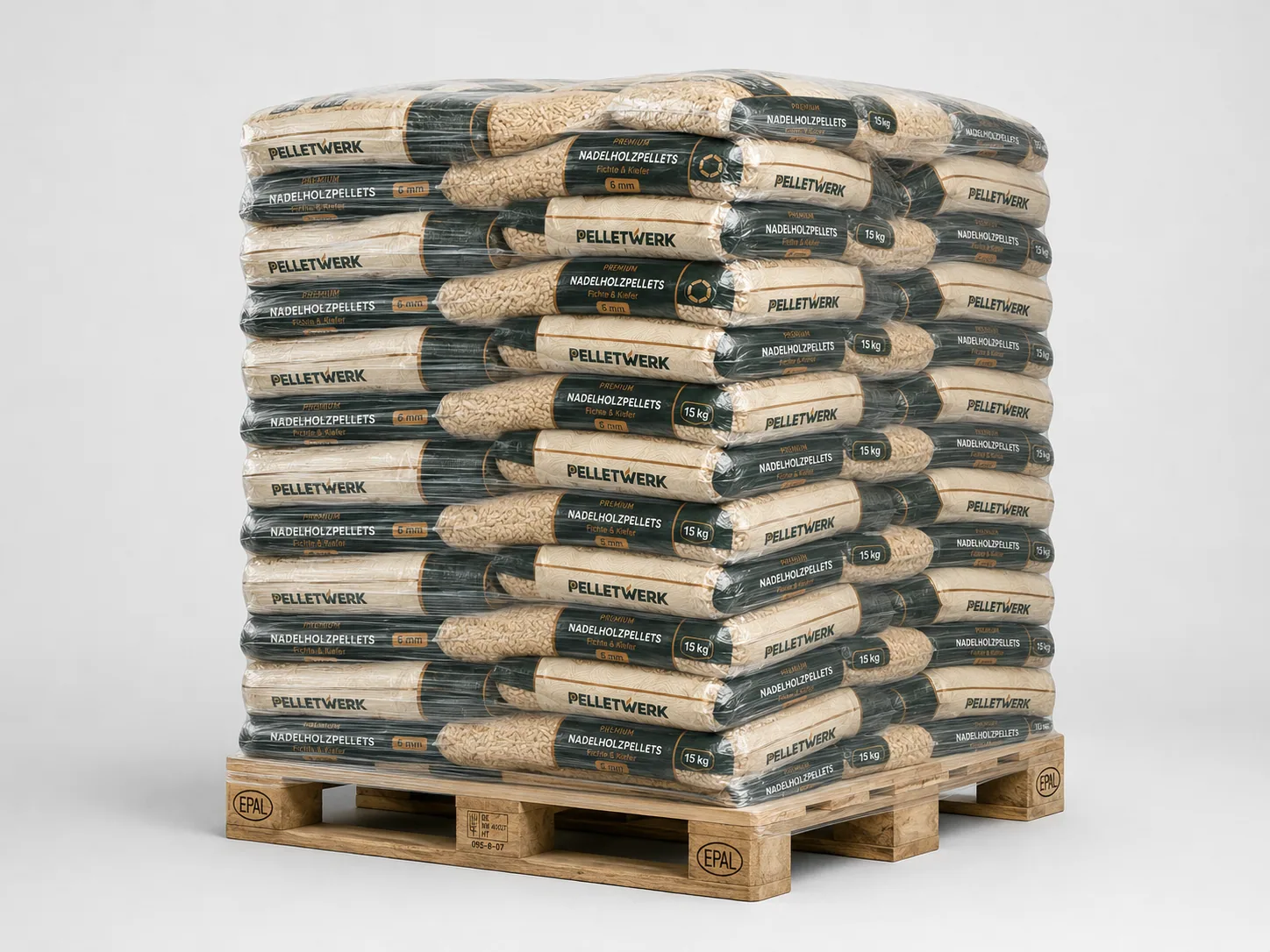 Premium-Nadelholzpellets 6 mm · Vorratspalette 990 kg (66 × 15 kg)