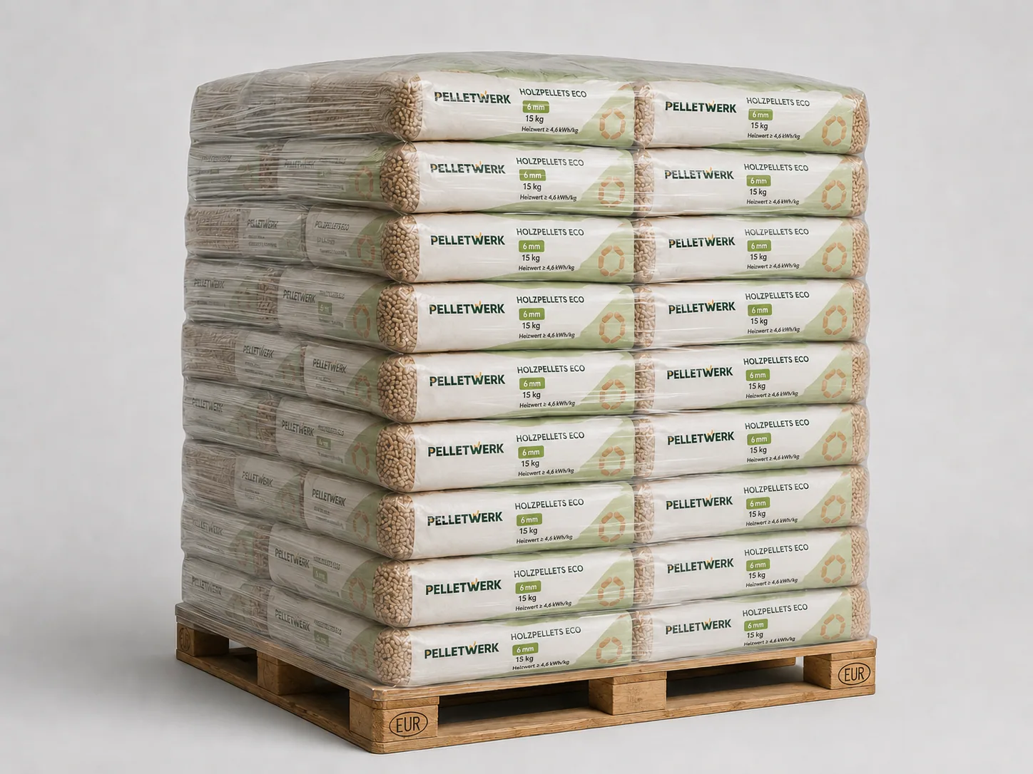 Holzpellets Economy 6 mm · Vorratspalette 990 kg (66 × 15 kg)