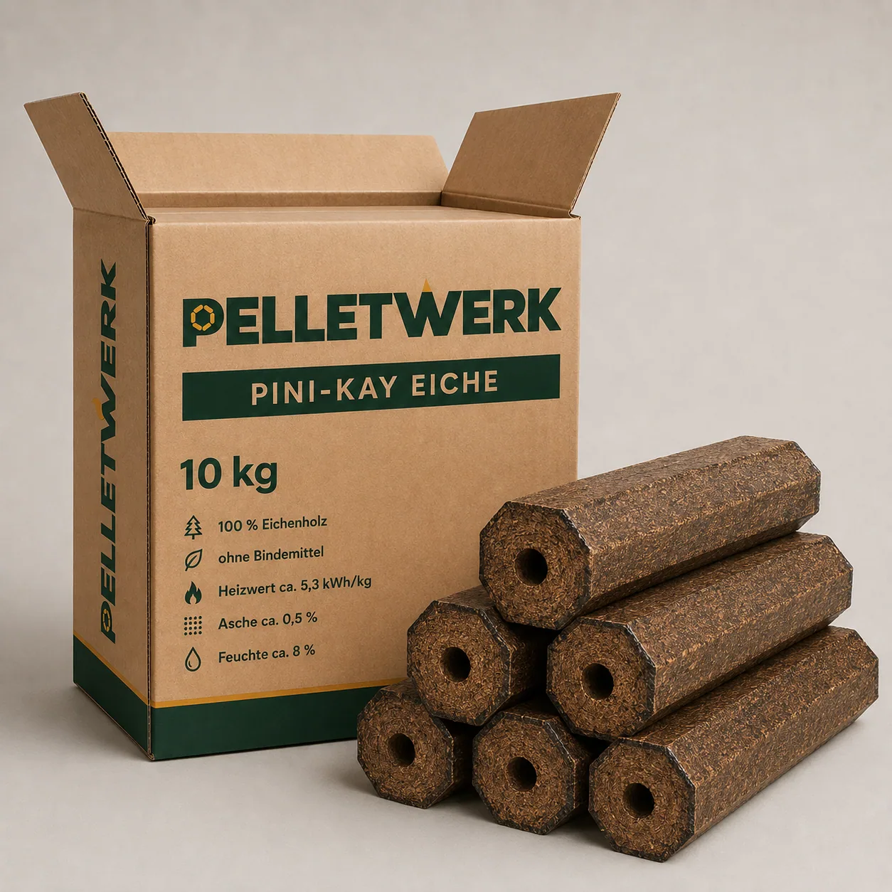 Pini-Kay-Eichenholzbriketts · Vorratspalette 960 kg (96 × 10 kg)