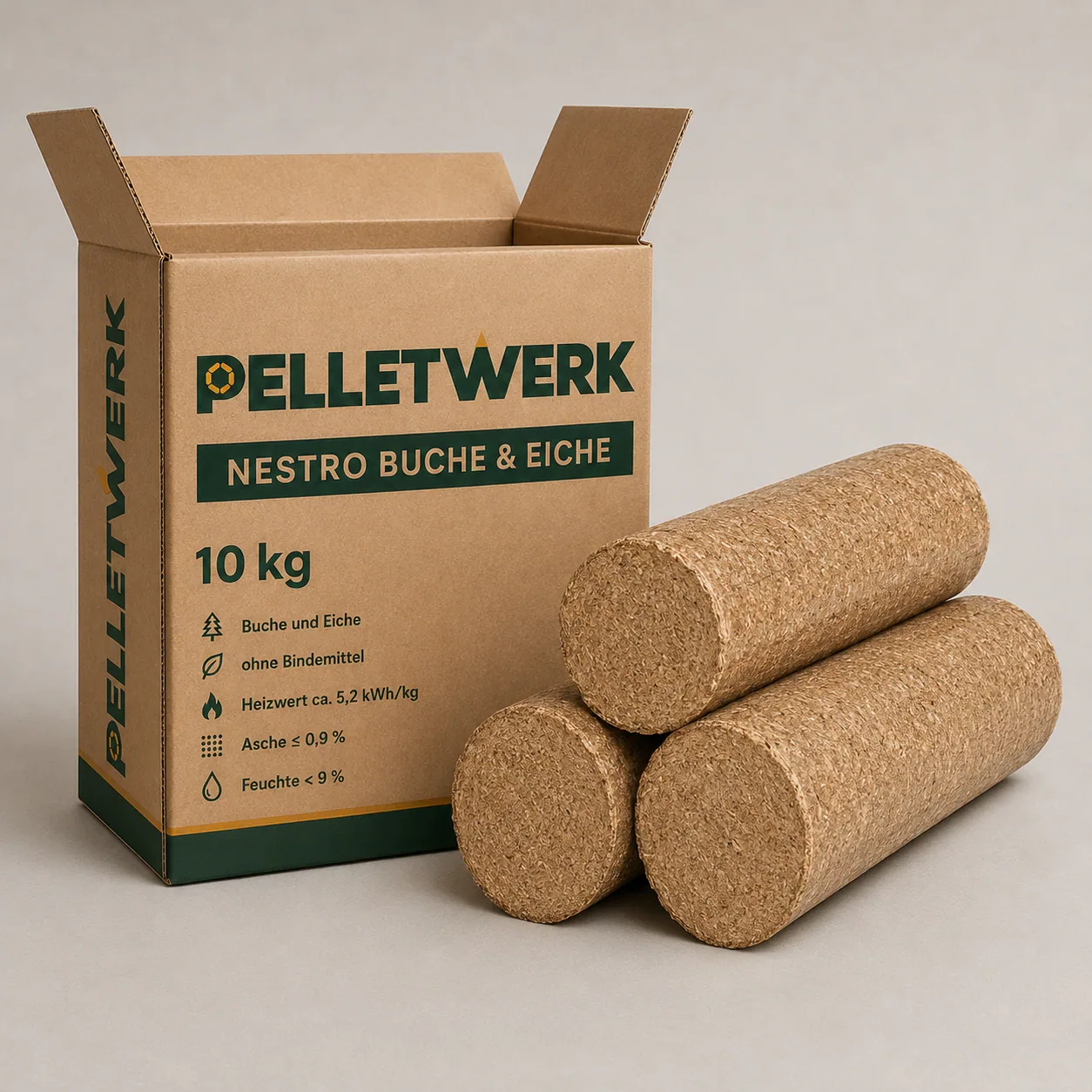Nestro-Buchen-Eichenholzbriketts · Vorratspalette 960 kg (96 × 10 kg)