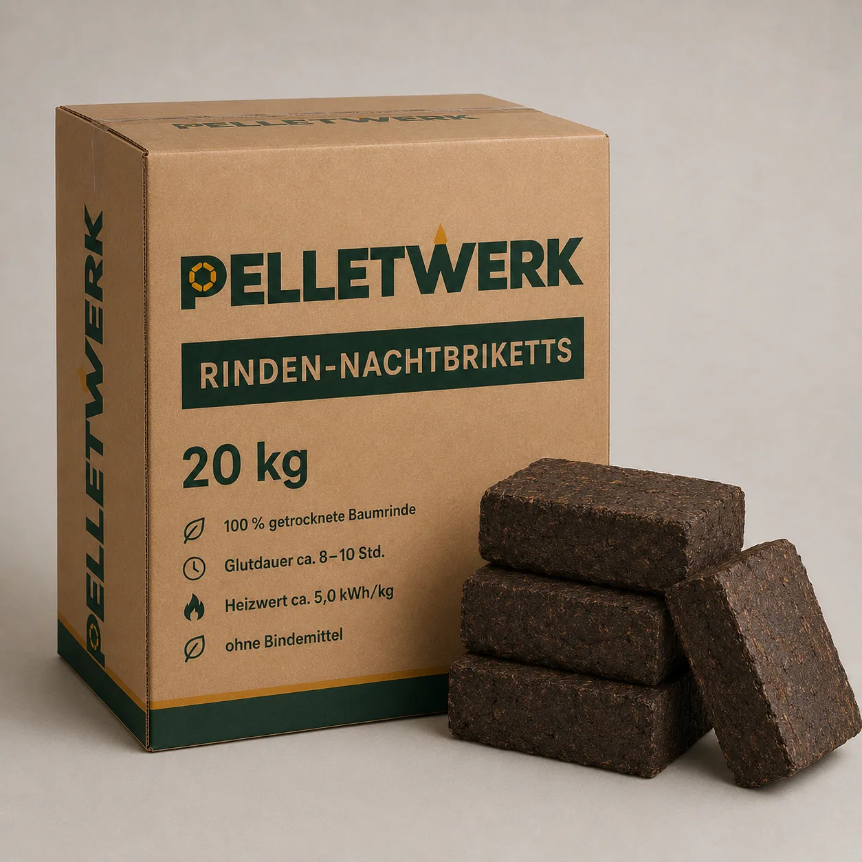 Rinden-Nachtbriketts · Vorratspalette 960 kg (48 × 20 kg)